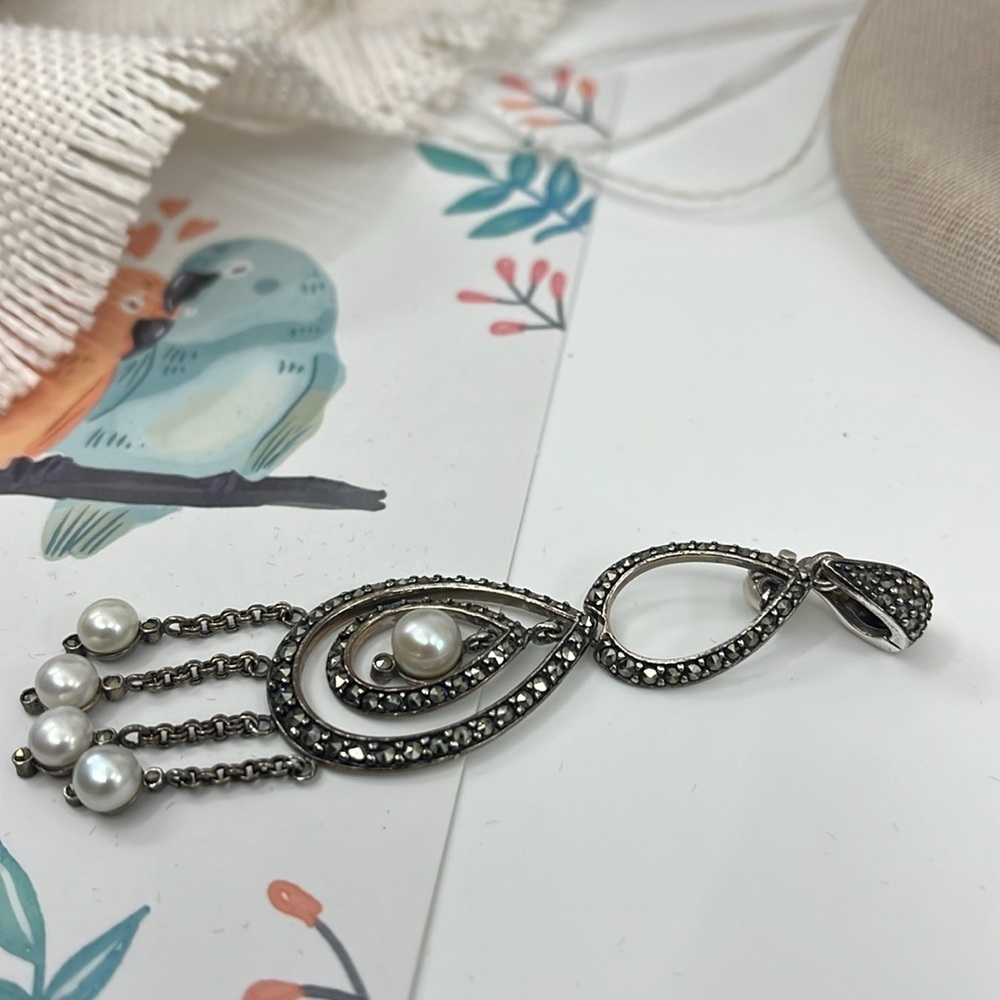 Vintage Suspicion Marcasite & Pearl Pendant 🌟 Sterling Elegance - Picture 11 of 14